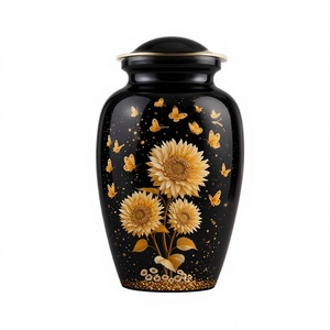 Urna de Cerámica Negra con Tapa, Pintada a Mano con Girasoles y Mariposas Doradas, Florero Decorativo Brillante, Moderno y de Lujo - Product Image 1