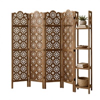 Paravent en bois sculpté à 4 panneaux avec 4 étagères |   Écran de séparation semi-transparent de style Art déco pour la décoration et le rangement