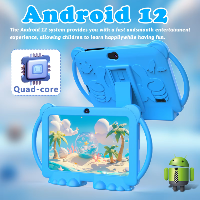 7-inch Android tablet for kids, with handle stand, child safety case, Google Play Store, and parental controls.