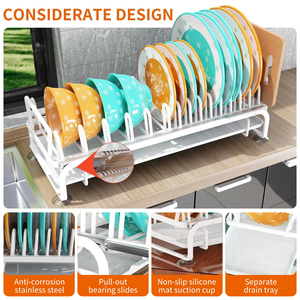Égouttoir à vaisselle coulissant sans perçage pour assiettes et bols, avec rangement pour pots à épices et sauces, et plateau d'égouttage pour cuisine - Product Image 2