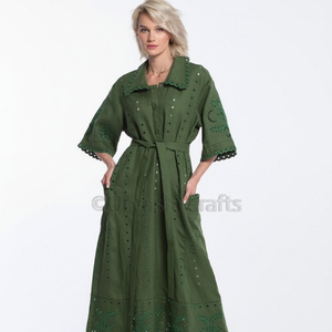 Robe en lin brodé à l'anglaise, broderie Richelieu, col à revers, poche latérale, robe ukrainienne pour femmes - Product Image 1