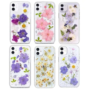 Dirancang untuk iPhone 15 14 13 Pro Max casing ponsel bening desain bunga tekan karet TPU silikon lunak bunga asli kering