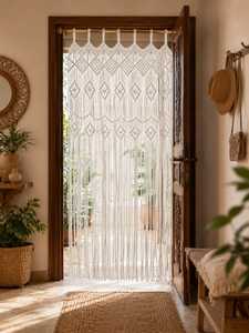 <b>White</b> Macrame Window Curtain Beaded Tassel Decorative <b>Hanging</b> Tapestry for Living Room Bedroom - Product Image 2