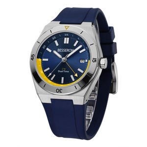 Montre-bracelet élégante de style professionnel avec boîtier en acier inoxydable, mouvement à quartz, bracelet en caoutchouc vert pour affichage double fuseau horaire et lecture lumineuse - Product Image 6