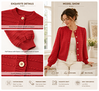 Cardigan décontracté d'hiver pour femme, rouge vif, à texture horizontale, col rond, manches bouffantes, boutons classiques