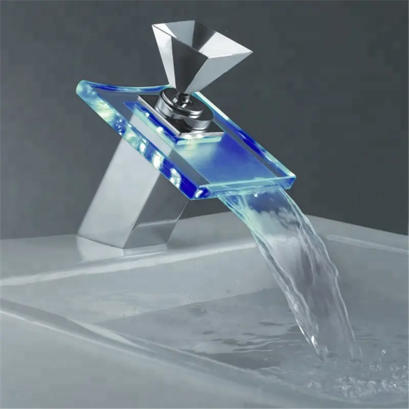 Bathroom Sink Faucet LED Light 3 Colors Changing Waterfall Glass Spout Hot Cold Water Mixer Color Waterfall Bathtub Price