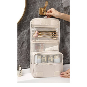 Trousse de toilette de voyage beige rectangulaire avec crochet, rangement multifonctionnel pour maquillage et articles de toilette, pour hommes et femmes - Product Image 2