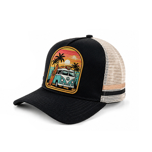 Casquette Trucker <span class=keywords><strong>en</strong></span> Maille Rayée Bicolore avec Logo Patch Tissé Personnalisé Motif Palmier de Plage, OEM ODM, Réglable, pour Sport et Activités de Plein Air - Product Image 3