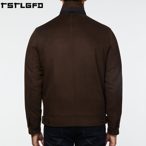 Cut And Sew Wool Blend <b>Jacket</b> <b>Men</b> Dark Brown Stand Collar Patch Pocket Windbreaker Streetwear Outerwear Manufacturers Bulk - Product Image 4