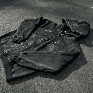 Oversized Vintage Hoodie Streetwear Full <b>Zip</b>-up Cotton French Terry Winter Rhinestone Hoodies for Men - Product Image 2