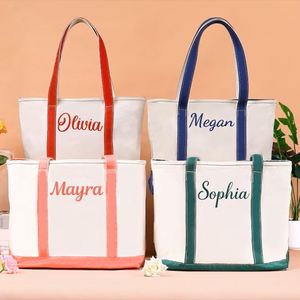 Keymay Large Custom Logo Cotton Canvas <b>Tote</b> Bag Women Embroidered <b>Zip</b> Shoulder Beach Weekender Shopping All Seasons Portable - Product Image 1