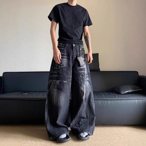 Jean vintage délavé coupe ample et large pour homme, motif éclair, style rétro, léger, grande taille, collection printemps, tendance streetwear - Product Image 2