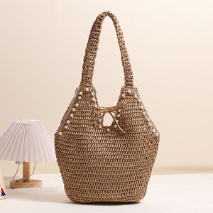 Sac de plage en paille tressée de luxe pour femme, style <span class=keywords><strong>français</strong></span>, nouvelle collection été, sac seau vintage pour vacances à la mer et shopping - Product Image 3