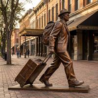 Statue de voyageur en bronze antique tirant une valise à roulettes, sculpture en bronze