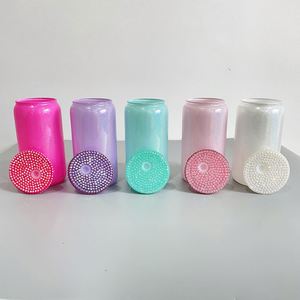 Custom Rhinestone Lids 16Oz Soda <b>Beer</b> Can Sublimation Blank Colored Borosilicate Glitter 16 Oz Glass Cups With Bling Lid - Product Image 4