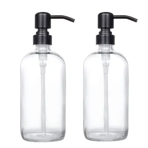 Rustproof Matte Black Stainless Steel Pump Clear Glass Soap Dispenser 16オンスClear Boston Round Bottle For Lotion Soap