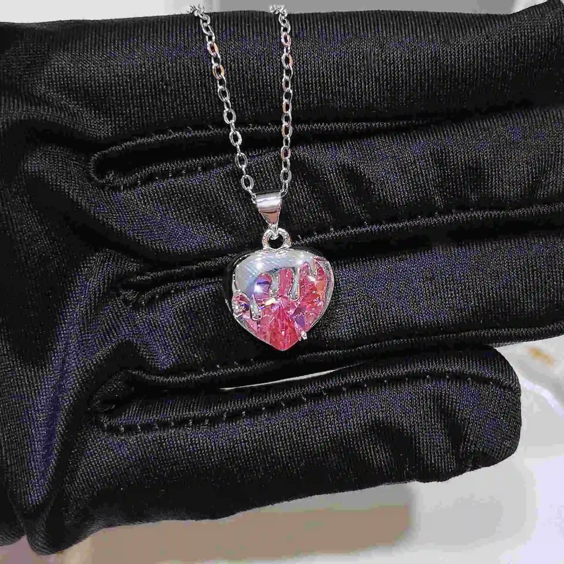 Romantic Style Lava Design Pink Zircon Love Heart 925 Sterling Silver Necklace For Women