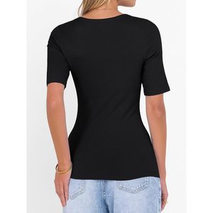 FOXA Haut en tricot côtelé pour femme, manches mi-longues, col rond, coupe ajustée, t-shirt basique, tenue décontractée d'été - Product Image 6