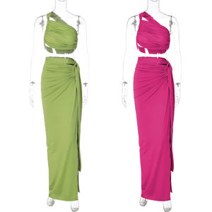 थोक महिला सेक्सी बैकलेस कपड़े सूट अनियमित बनियान + स्कर्ट 2 टुकड़ा सेट यूरो शैली उच्च विभाजन वाली आकस्मिक लंबी पोशाक - Product Image 6