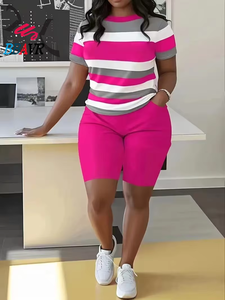 Conjunto de Camiseta y Pantalones Cortos de Verano para Mujer con Diseño de Rayas, Conjunto Deportivo Informal de 2 Piezas - Product Image 2