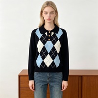Pull-over décontracté à manches longues pour femme, col polo, en tricot jacquard Argyle, motif losanges, coupe décontractée, style preppy, automne