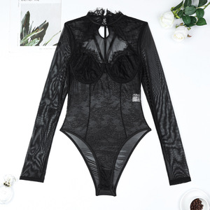 New <b>Long</b> <b>Sleeve</b> Eyelash <b>Lace</b> One Piece <b>Bodysuit</b> Sexy Breathable Hollow Out Lingerie Set - Product Image 6