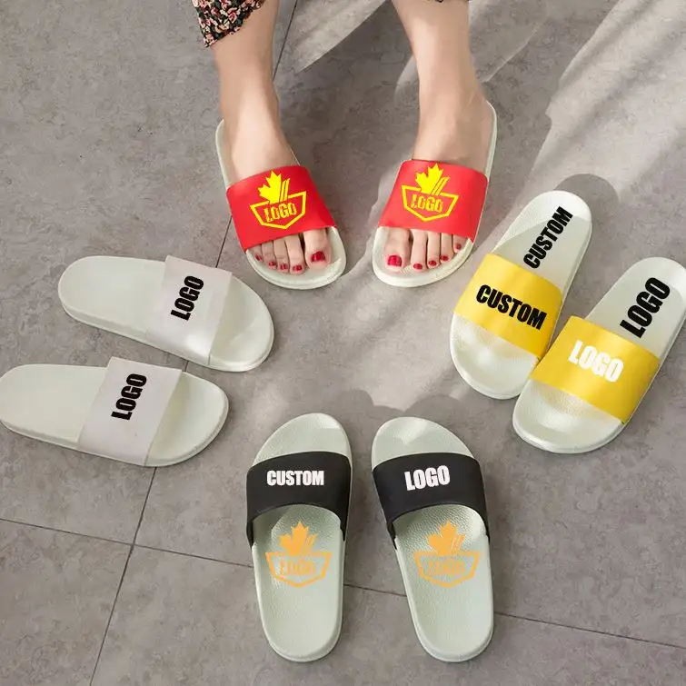 Sandal Ujung Terbuka Pria, Kasut Slide Alas Kaki Eva Pvc Logo Kustom Datar Kosong untuk Pantai Musim Panas