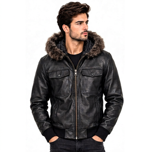 Veste en cuir noir pour homme Champ King avec capuche en fausse fourrure noire, col et fermeture éclair - Product Image 1