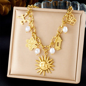 European American Style Stainless Steel Necklace Gold Plated Sun Charm Pearl Clavicle Chain Gift Jewelry - Product Image 1