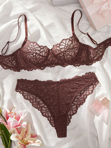 Brown Floral Lace Underwire Bra and Thong <b>Set</b> Womens <b>Sexy</b> Sheer Mesh Intimates Lingerie <b>Set</b> Elegant Underwear <b>Set</b> OEM ODM - Product Image 1
