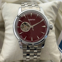 Jam Tangan Otomatis Valerius Men, Dial Burgundy Sunburst Open Heart Skeleton, Gelang Baja Tahan Karat