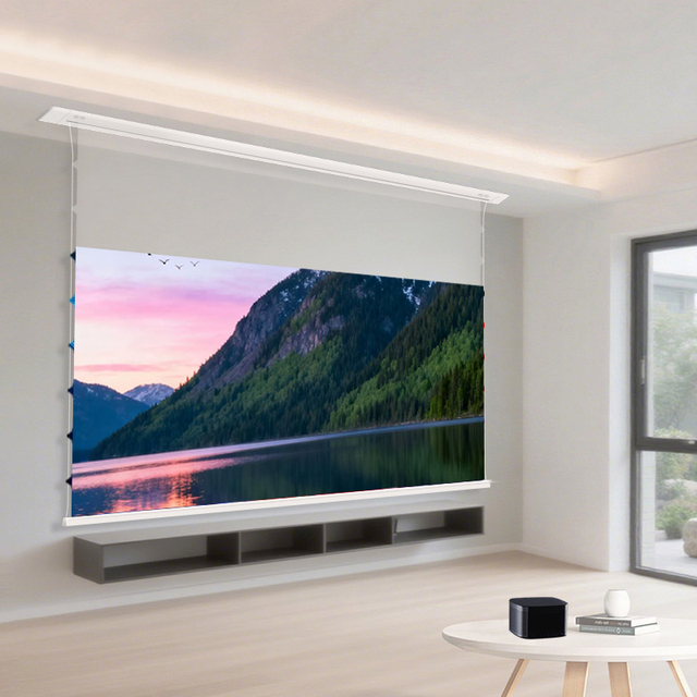 Remote Control 84-150 Inch Ceiling Recessed Projector Screen Motorized Ceiling Drop Down Projector Screen for UST Projector