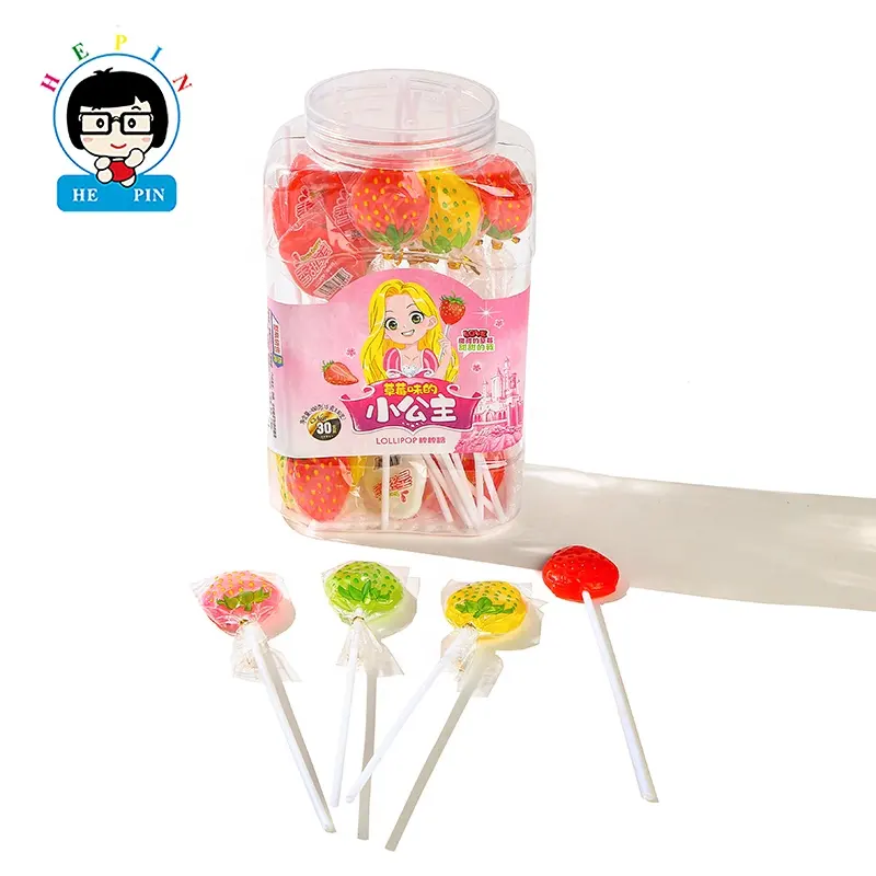 Jar Packaging Multi Colors Fruit Flavoured Strawberry Shaped Lollipop Hard Candies For Kids