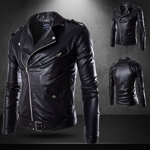 Black PU Leather Biker <b>Jacket</b> Men Motorcycle Style Slim Fit <b>Zip</b> <b>Up</b> <b>Jacket</b> with Belted Waist for Winter Streetwear - Product Image 2