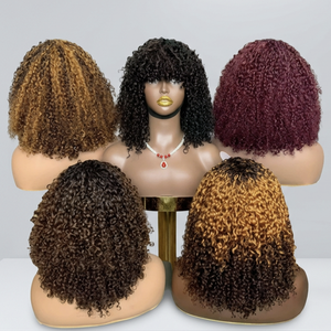 Pelucas Rizadas Pixie con Flequillo en Promoción por $62, Pelucas Bob de Cabello Humano 100% Teñido, Venta al por Mayor de Fábrica, Pelucas Completamente Hechas a Máquina Sin Encaje - Product Image 1
