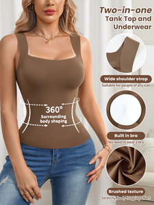 Canotta Modellante Due-in-Uno con <span class=keywords><strong>Reggiseno</strong></span> Integrato, <span class=keywords><strong>Spalline</strong></span> <span class=keywords><strong>Larghe</strong></span>, Modellazione a 360°, Traspirante, in Tessuto Spazzolato, Senza Cuciture, Nylon, per Vendita all'Ingrosso e Marchio Privato - Product Image 1