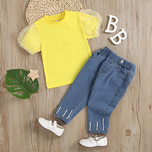 Conjunto de Ropa para Niñas, Camiseta de Algodón Puro con Manga Abullonada de Encaje, Jeans Casuales con Cuentas, Atuendo Cómodo para Bebés, Otoño Invierno - Product Image 4