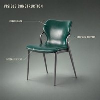Chaise de salle à manger moderne aspect cuir vert, assise et dossier intégrés avec accoudoirs à boucles, pieds en métal gris pour restaurant