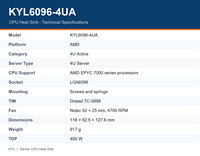 KYL6096-4UA 4U Pendingin CPU Aktif untuk Seri AMD EPYC 7000, Soket LGA6096, TDP 400W, Kipas Nidec