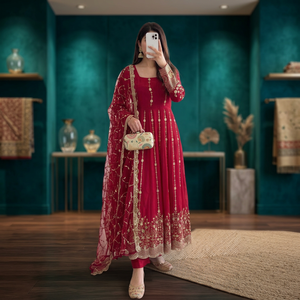 Ensemble Anarkali de luxe en Georgette bordeaux avec broderie Zari dorée, robe Kalidar évasée et dupatta, idéal pour les mariages et les fêtes indiennes - Product Image 1