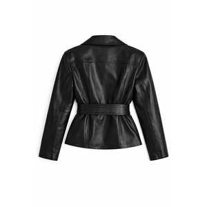 Giacca in <span class=keywords><strong>Pelle</strong></span> Nera Personalizzata da Donna <span class=keywords><strong>con</strong></span> Cintura e Cerniera |   300g Traspirante Casual Slim Fit |   Produttore OEM ODM - Product Image 6