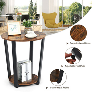 Mesa Auxiliar Redonda de 2 Niveles con Marco de Metal y Madera de Nogal, Estante de Almacenamiento, Muebles para Sala de Estar - Product Image 6