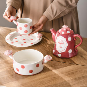 Mug à café et théière en céramique rose motif petit champignon mignon, ensemble de couverts en céramique pour le thé de l'après-midi, petit bol à soupe frais avec deux anses - Product Image 5