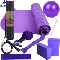Ensemble de yoga 10 pièces avec tapis de yoga 7 mm, ballon de yoga, bande d'étirement, bande de résistance, anneau de traction, brique de yoga, ensemble de fitness à domicile en EVA