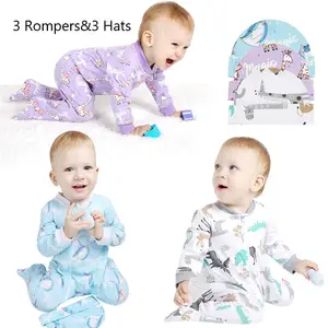 Baby Romper Pyjama 3 Pack Katoen Lange Mouwen Rits Romper Met 3 Hoeden Stocklots Kleding