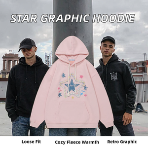 Sudadera con Capucha Extra Grande Rosa, de Felpa, con Diseño de Estrella Bordada, Estilo Casual, Unisex - Product Image 2
