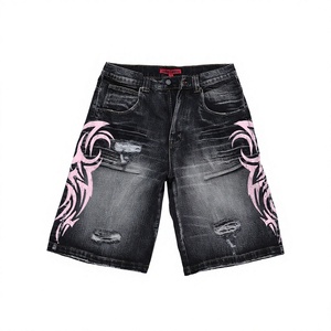 <b>Mens</b> Washed Black Tribal Tattoo Graphic Denim Jorts Oversized Baggy Fit Distressed Ripped Skater Style Streetwear Apparel - Product Image 1