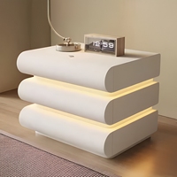Table de chevet moderne en bois massif blanc crème avec lumière LED, 3 tiroirs, meuble de rangement durable pour chambre à coucher