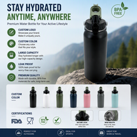 Bouteille d'eau isotherme en acier inoxydable noir avec poignée de transport et couvercle à paille, gourde sous vide anti-fuite pour le sport, double paroi OEM/ODM