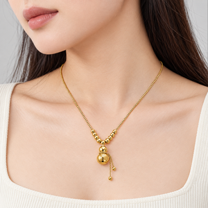 Collar Lariat con Cuentas de Acero Inoxidable, Chapado al Vacío en Oro de 14K, Cadena de Caja, Joyería con Colgante Esculpido - Product Image 5